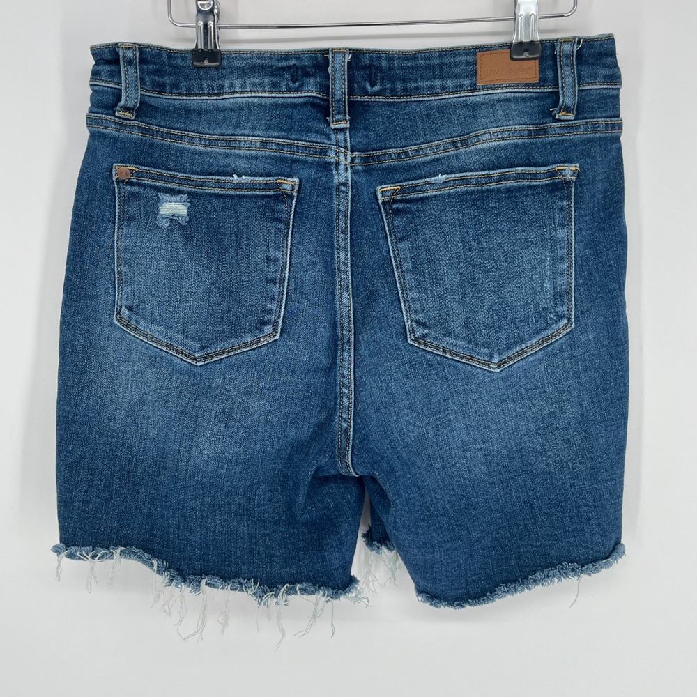 Judy Blue Distressed Denim Shorts L Stretch Raw Hem Mid Rise Festival Summer - Picture 8 of 11
